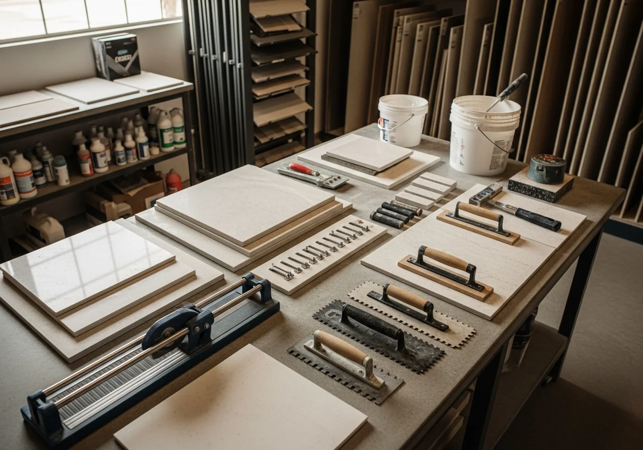 Tile and stone installation tools and materials on a work surface, representing professional craftsmanship.