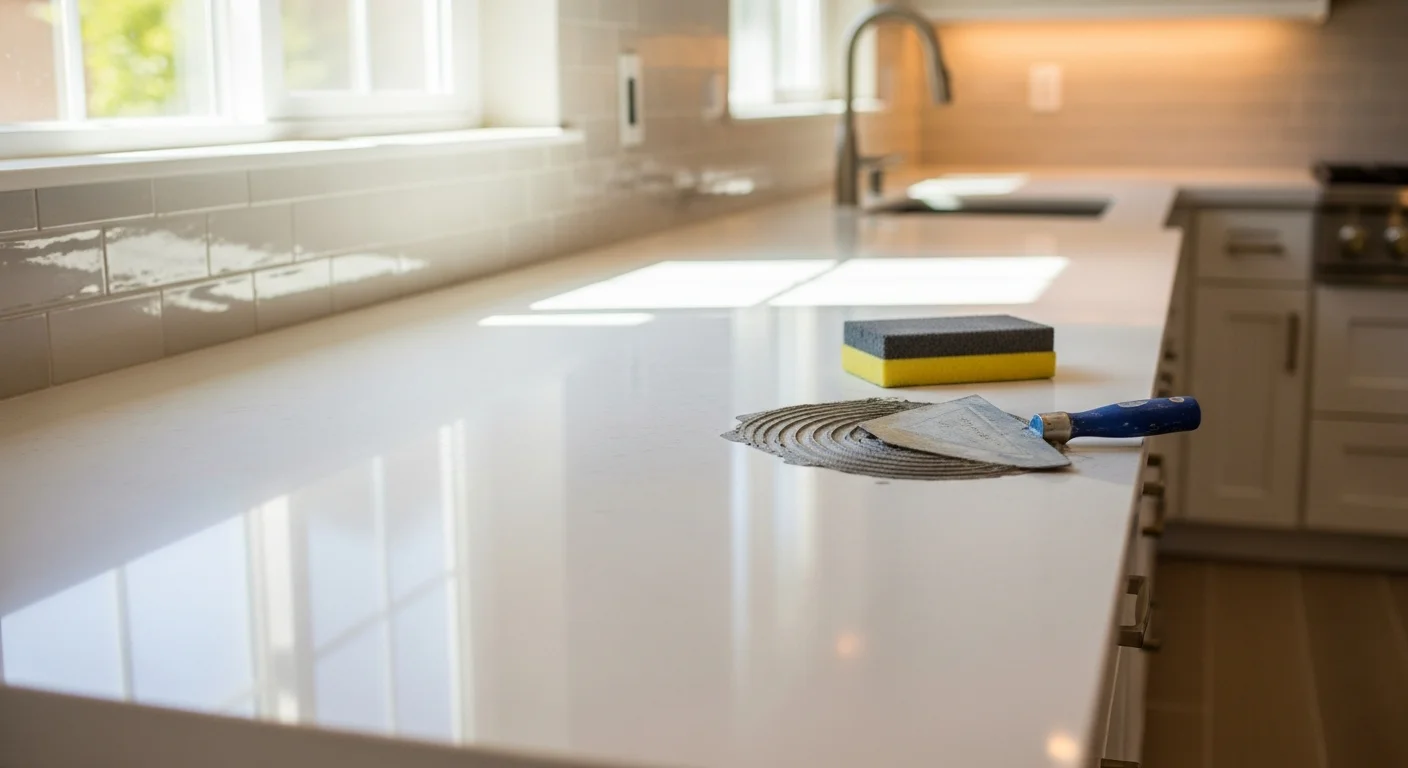 Large format stone slab installed as a kitchen countertop with professional finishing