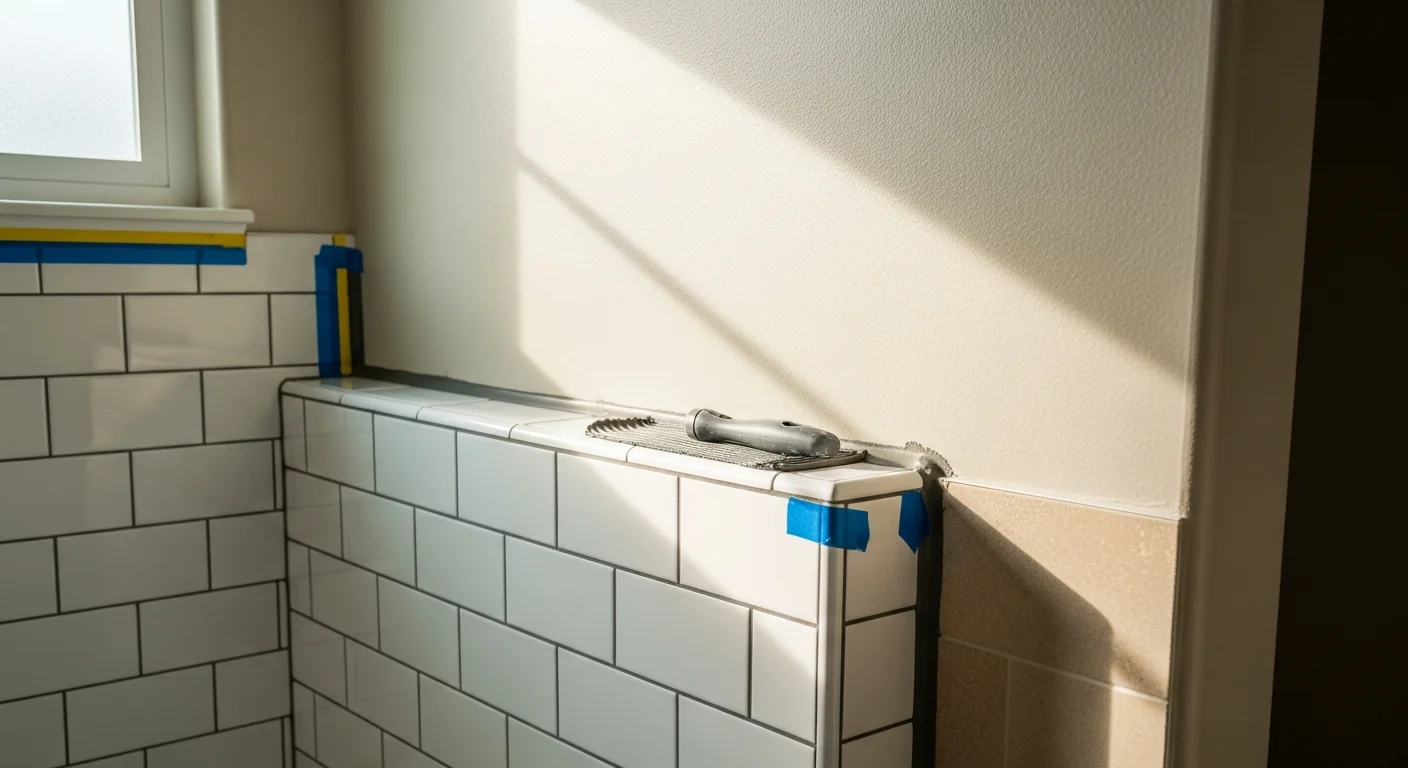 Professional tile installation in a modern bathroom with large format tiles