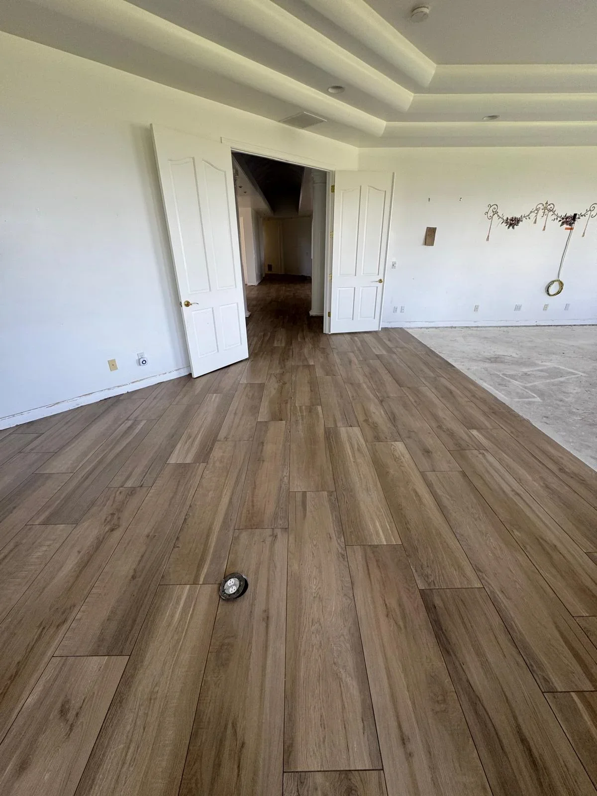 Wood-look plank tile flooring in large open room with white walls and doors