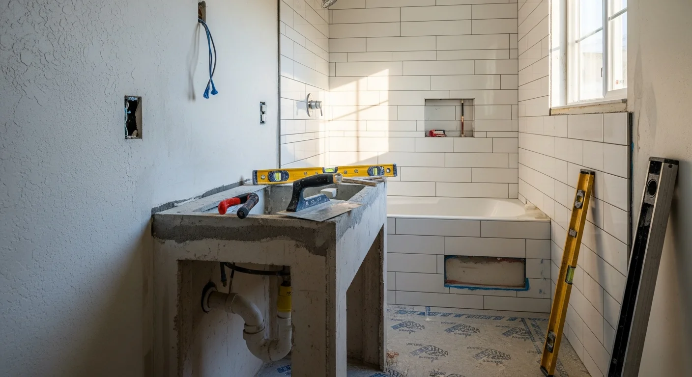 Remodeled bathroom in a Fullerton home featuring large-format floor tile, a tiled walk-in shower with a frameless glass enclosure, and an updated vanity. Clean grout lines and neutral stone-look tile reflect a finished A&C Tile & Stone installation.
