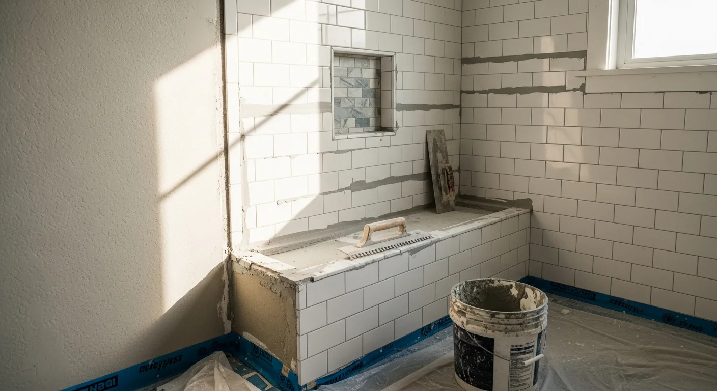 Newly installed bathroom floor and shower wall tile in a Fullerton home, showing level grout lines and a clean wet-area finish. The tiled shower surround and bathroom floor reflect professional installation with consistent pattern alignment.