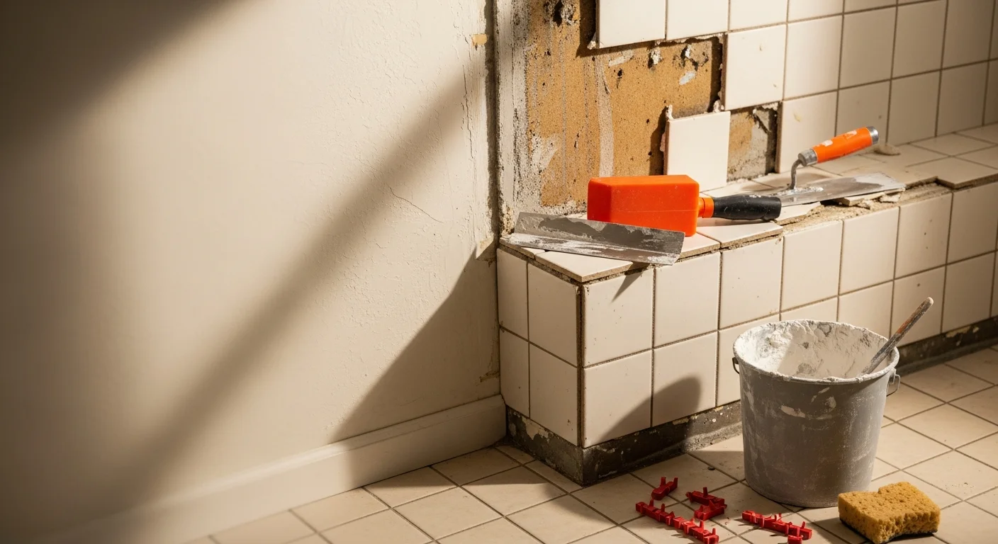Close-up of a repaired bathroom tile wall in a Fullerton home, showing clean grout lines and a flush tile surface around a tub surround. The finished repair blends with the surrounding tile pattern on the wet-area wall.