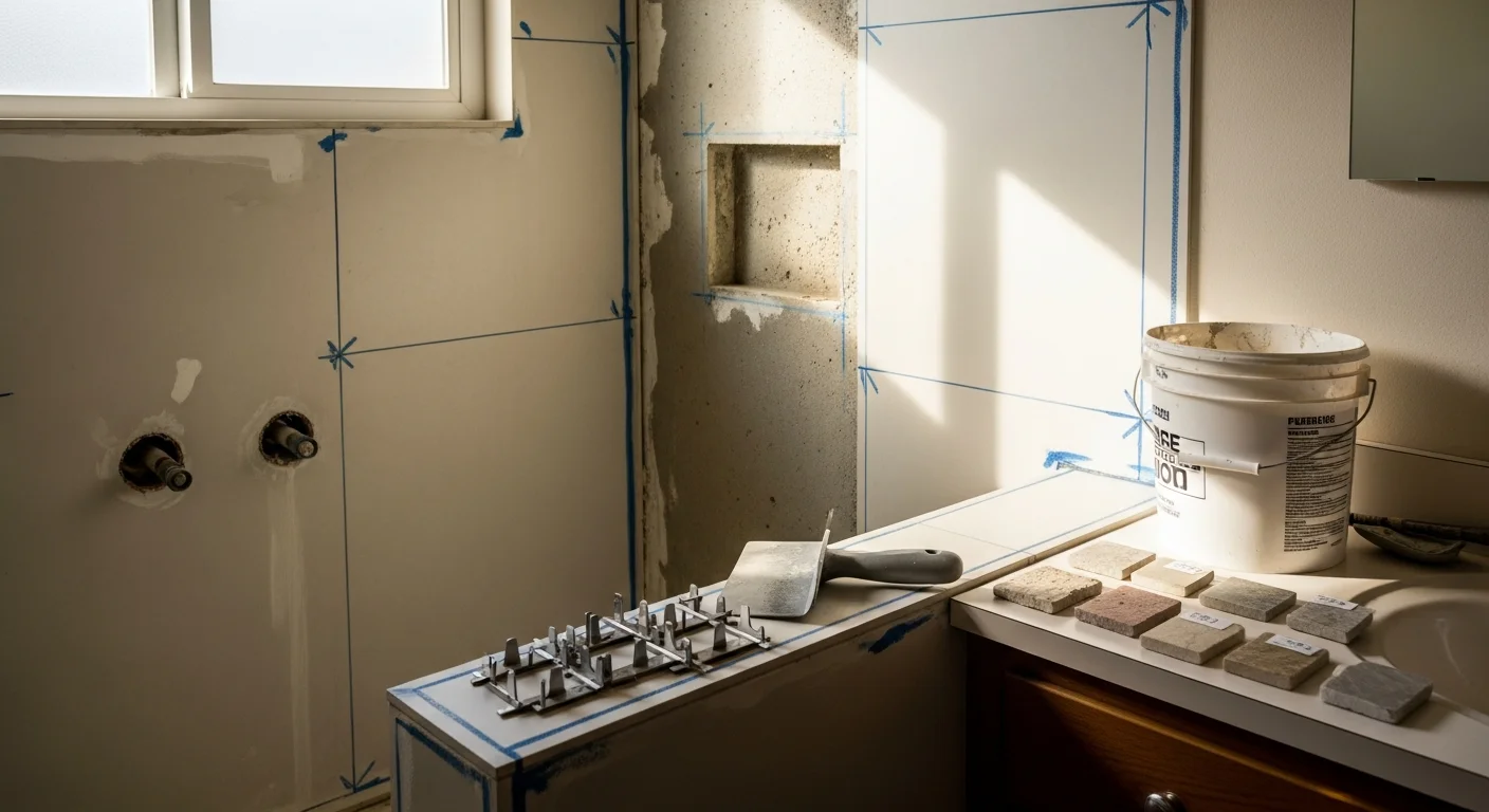 A finished custom tile shower installation in a Fullerton home bathroom, featuring floor-to-ceiling stone tile walls, a built-in niche, and a frameless glass enclosure. The shower replaces a former tub alcove in a mid-century single-family home.