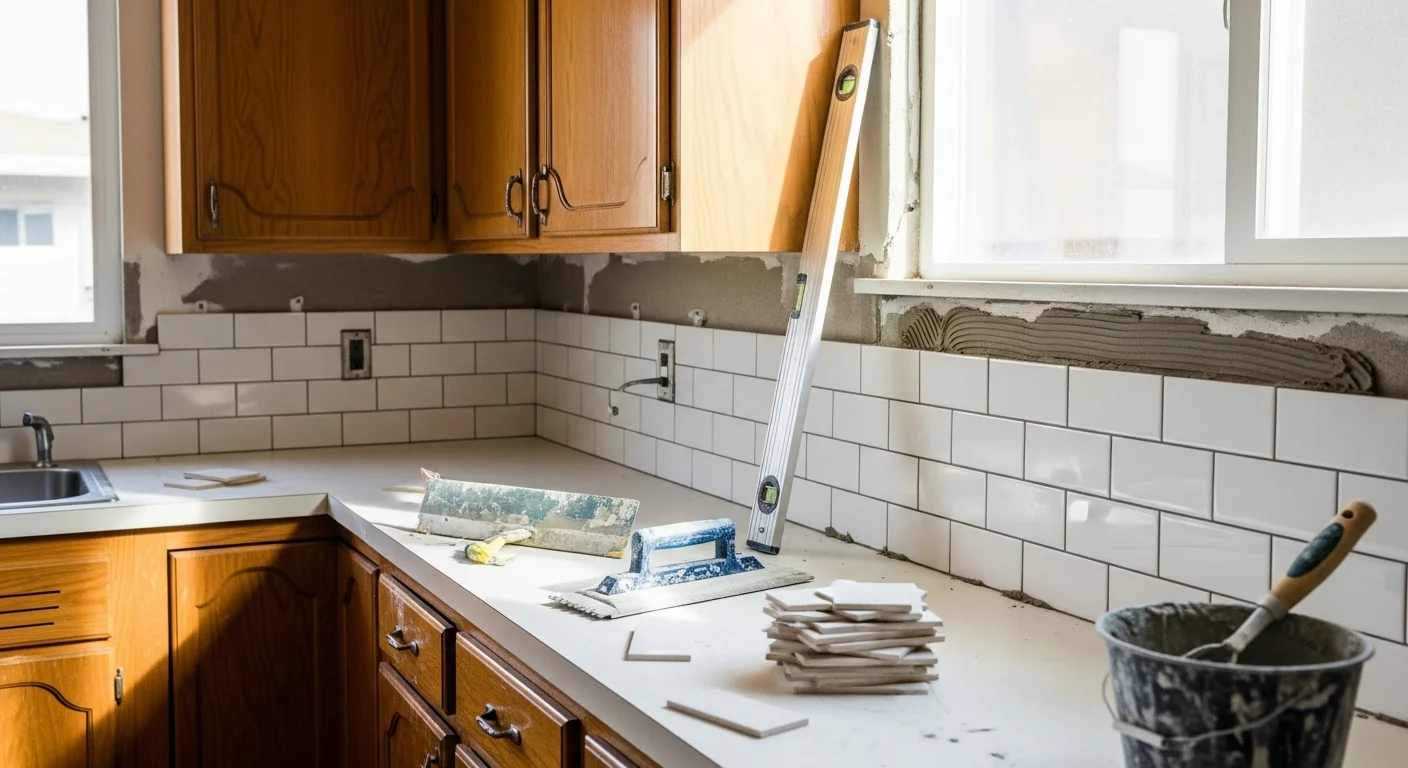 Freshly installed ceramic tile kitchen backsplash in a Fullerton home, showing clean grout lines and precise cuts around a stainless steel range hood. The tile runs from the countertop to the upper cabinets with no visible gaps or uneven seams.