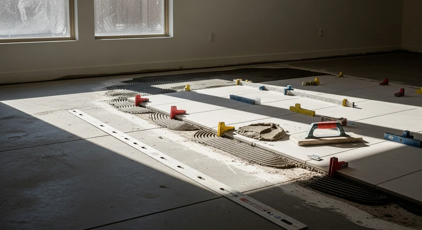 Large format porcelain tile installed on the floor of a Fullerton home kitchen, showing wide seamless slabs with minimal grout lines and a flat, even surface. The installation covers an open-concept area with consistent tile alignment and flush edges throughout.
