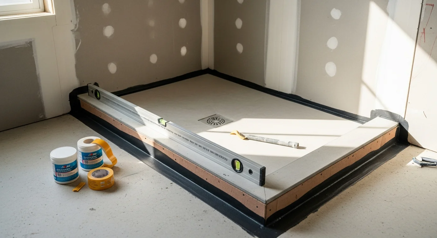 A Fullerton bathroom shower with freshly applied waterproof membrane visible on the floor and lower walls before tile installation. The drain connection and corner seams are treated and ready for tile setting by A&C Tile & Stone.