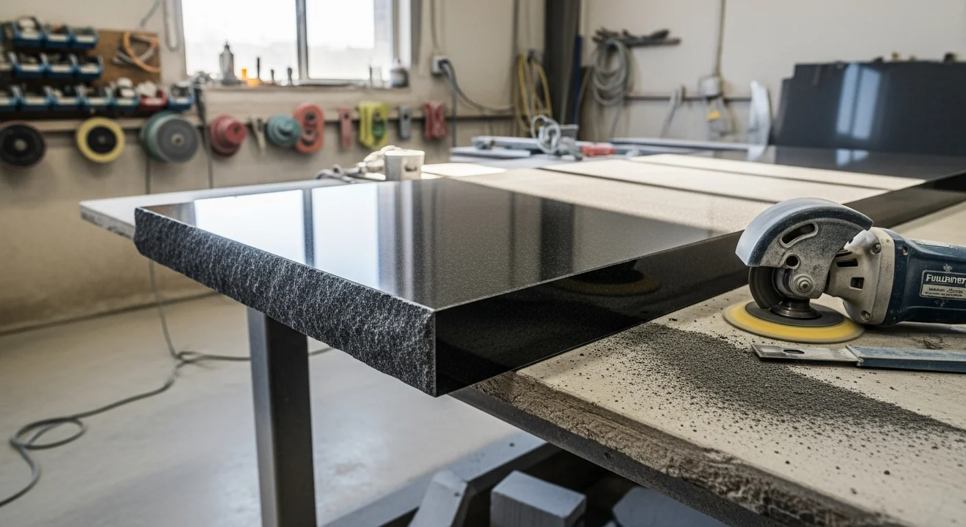 Close-up of a polished bullnose stone slab edge on a kitchen countertop in a Fullerton home. The edge shows a smooth, uniform finish that matches the honed surface of the stone slab.