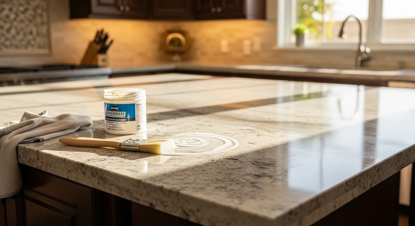 A freshly finished and sealed natural stone slab surface inside a Fullerton home, showing an even sheen and clean edges on a countertop or floor installation. Close-up view highlights the stone's natural grain and smooth, sealed finish.