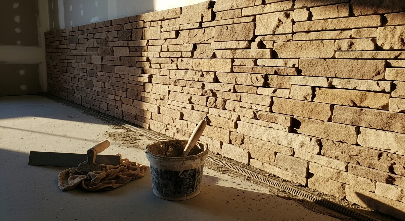 A completed interior stone accent wall installed by A&C Tile & Stone in a Fullerton living room, showing staggered stone veneer with natural texture and depth behind a seating area. The wall runs floor to ceiling with clean mortar joints and consistent stone coursing.