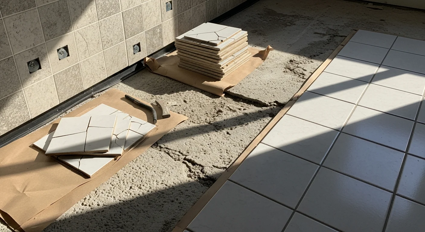 A freshly repaired tile floor in a Fullerton home bathroom, showing clean grout lines and evenly set ceramic tiles around a shower base. The substrate is fully covered with no cracked or missing pieces visible.